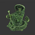 Green Clad Figure Seated On Tech Inspired Rotating Chair With Staff And Screens