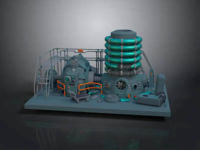 Industrial Machinery Equipment With Platform Stairs Control Panel And Green Rings 3d model