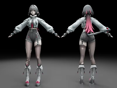Anime Character Front Back Gray Hair Pink Streaks White Jacket Black Shorts Mechanical Boots Sword 3d model