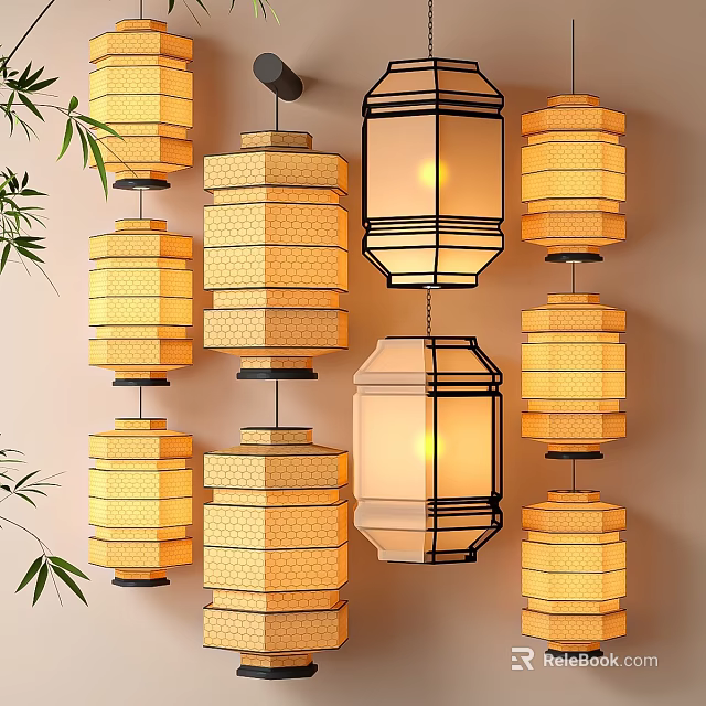 Traditional Chinese Lanterns With Various Designs Yellow Fabric Black Frames And Bamboo Leaves Hanging Decor 3d model 