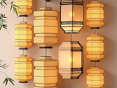 Traditional Chinese Lanterns With Various Designs Yellow Fabric Black Frames And Bamboo Leaves Hanging Decor 3d model