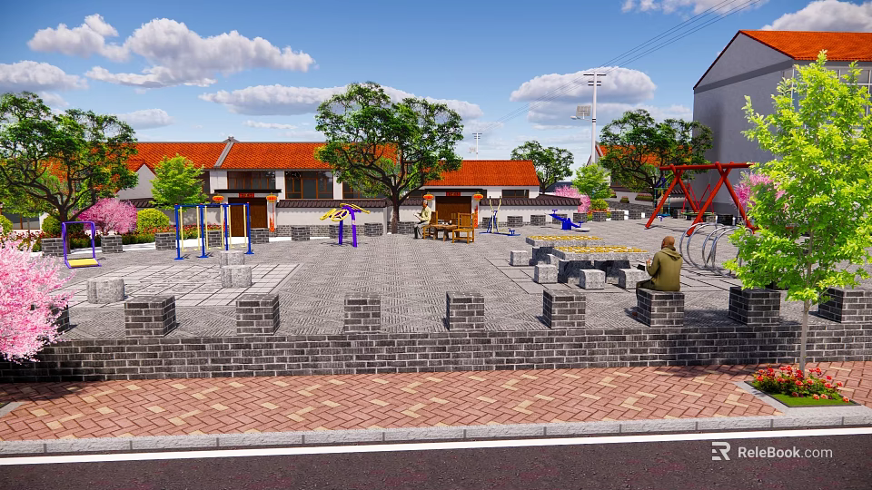 Village Public Square With Red Roof Buildings Trees Fitness Equipment Stone Walls And Benches 3d model 