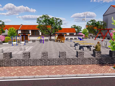 Village Public Square With Red Roof Buildings Trees Fitness Equipment Stone Walls And Benches 3d model