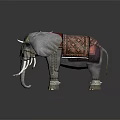 Decorated War Elephant With Red Blanket Golden Armor And Long Tusks