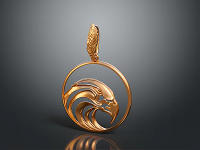 Golden Eagle Head Carved Pendant With Feather Accent And Circular Frame Design 3d model
