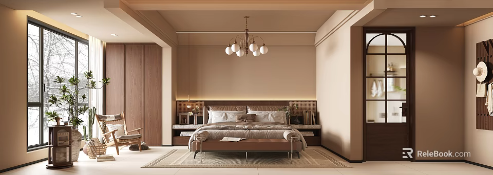 Modern Bedroom Interior With Beige Walls Wooden Wardrobes Upholstered Bed Bench And Chandelier 3d model 