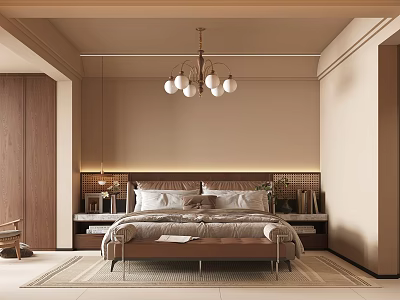 Modern Bedroom Interior With Beige Walls Wooden Wardrobes Upholstered Bed Bench And Chandelier 3d model