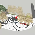 Modern Outdoor Space Design With Red Installation Golden Trees Geometric Seats White Ground Black Lines
