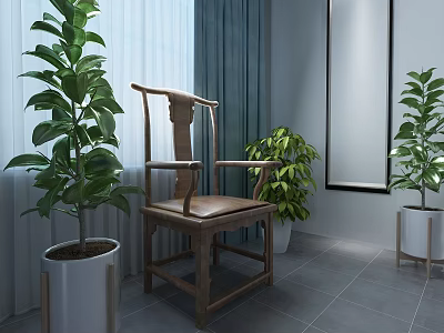 Traditional Wooden Chair In Serene Interior With Green Plants Curtains And Wall Art 3d model