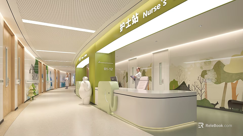 Modern Hospital Nurse Station Interior Featuring Front Desk Medical Staff And Wall Decorations 3d model 