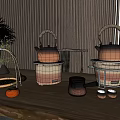 Natural Style Teapots With Bamboo Handles On Wooden Table With Persimmons And Green Plant