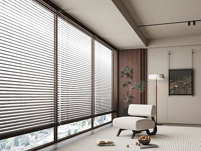 Modern Window Blinds in Large Living Room with Armchair and Green Plant 3d model