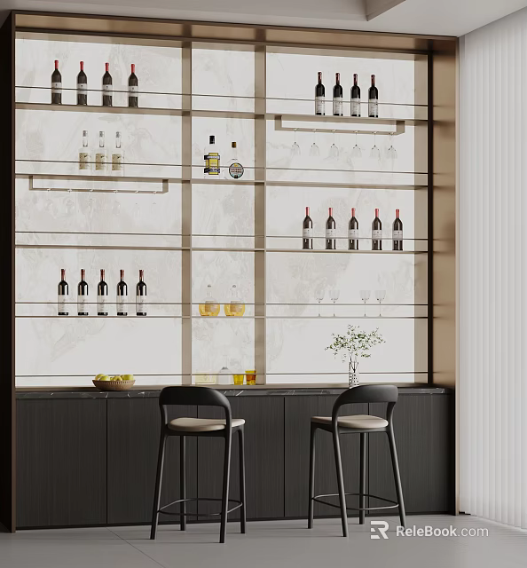 Modern Bar Counter Interior With Wine Bottles Glasses And Bar Stools 3d model 