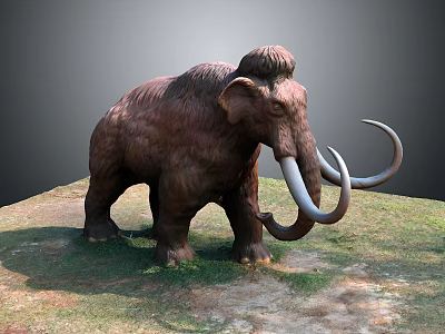 Realistic Mammoth Sculpture Standing On Grass With Long Curved Tusks And Furry Body 3d model