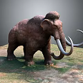 Realistic Mammoth Sculpture Standing On Grass With Long Curved Tusks And Furry Body