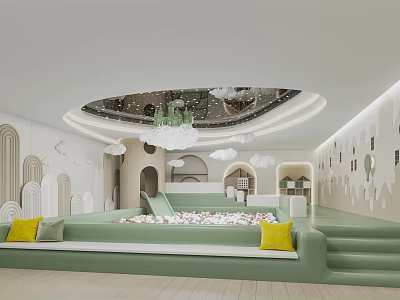 Modern Kindergarten Interior With Green Padded Bench Yellow Cushions Cloud Ceiling Decorations And Slide 3d model