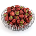 Fresh Ripe Strawberries in Silver Wire Mesh Bowl with Green Leaves and Sliced Pieces Scattered