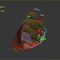 Detailed Vintage Model Sailing Ship With Black Sails And Red Gold Hull