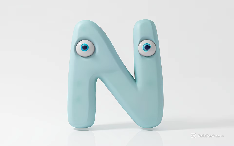 Light Blue Letter N Shaped Cartoon Game And Movie Character With Eyes 3d model 
