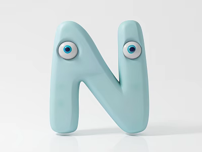 Light Blue Letter N Shaped Cartoon Game And Movie Character With Eyes 3d model