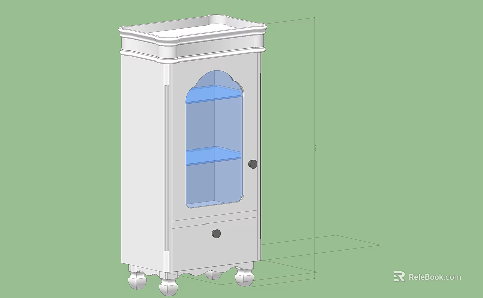 Traditional White Bookcase With Glass Door Blue Shelves Bottom Drawer And Caster Wheels 3d model 