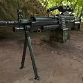 Tactical Machine Gun With Tripod Scope Black Body And Camouflage Magazine On Rocky Dirt Ground