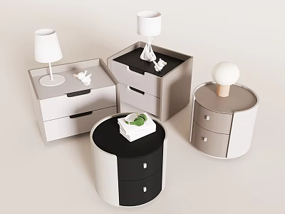 Modern Bedside Tables With Different Designs Drawers And Decorative Lamps 3d model