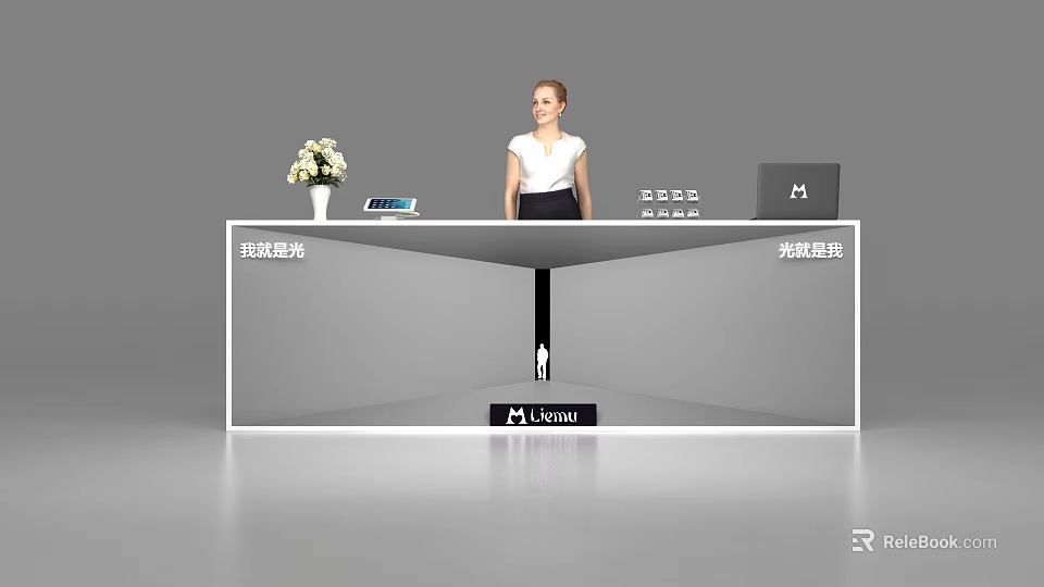 Sleek Modern Reception Desk With White Flower Tablet Laptop And M Luxury Logo 3d model 