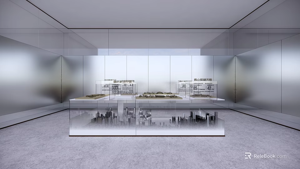 Modern Cultural Center Interior Design Showcasing Exhibition Models In Glass Display Cases 3d model 