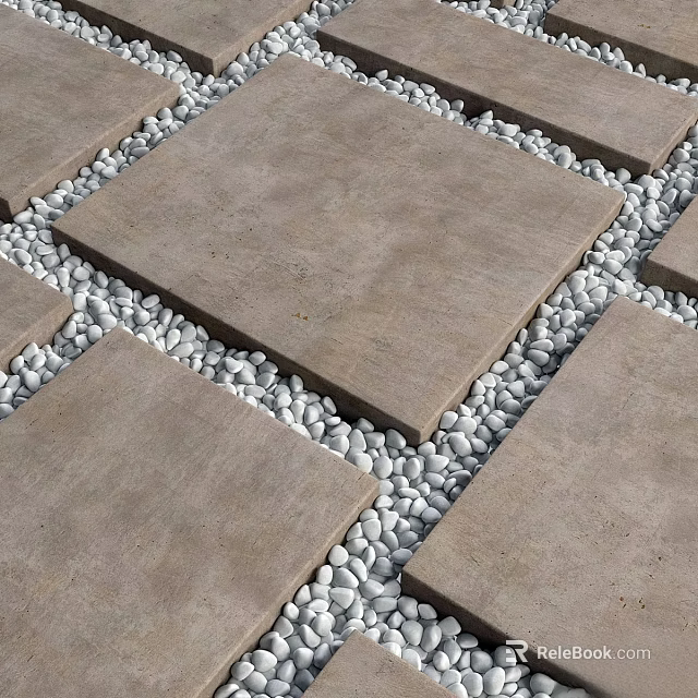 Modern Outdoor Ground Design With Gray Square Tiles And White Pebbles 3d model 