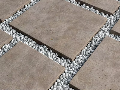 Modern Outdoor Ground Design With Gray Square Tiles And White Pebbles 3d model