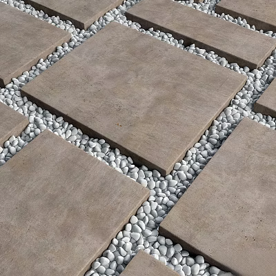Modern Outdoor Ground Design With Gray Square Tiles And White Pebbles 3d model