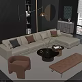Modern Beige Sofa and Black Coffee Table Set with Brown Cushions Rug and Floor Lamp