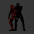 Black and Red Armored Characters and Creatures With Weapon and Clawed Hands Standing Together