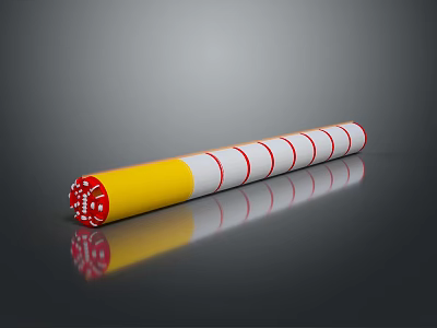 Yellow And White Cylindrical Object With Red Circular Lines On Reflective Black Surface 3d model