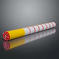 Yellow And White Cylindrical Object With Red Circular Lines On Reflective Black Surface 3d model