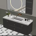 Modern Bathroom Vanity With Marble Countertop Round Backlit Mirror And Green Tiled Walls