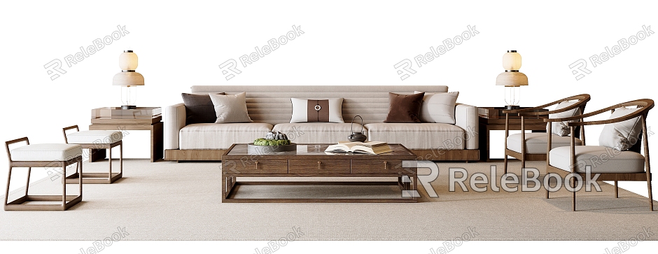 New Chinese Style Sofa Coffee Table Combination Solid Wood Furniture Leisure Chair Fabric Sofa Table Lamp Side Stool model