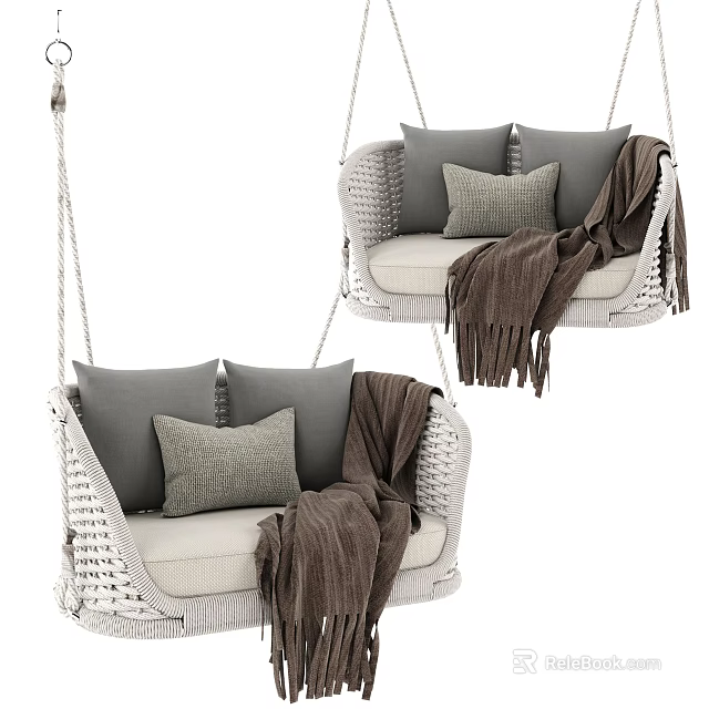 Cozy Wicker Hanging Chair With Gray Cushions And Brown Throw Blanket Design 3d model 