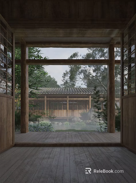 Traditional Chinese Garden Landscape View Through Wooden Entrance With Tile Roof Building And Misty Greenery 3d model 