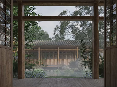 Traditional Chinese Garden Landscape View Through Wooden Entrance With Tile Roof Building And Misty Greenery 3d model