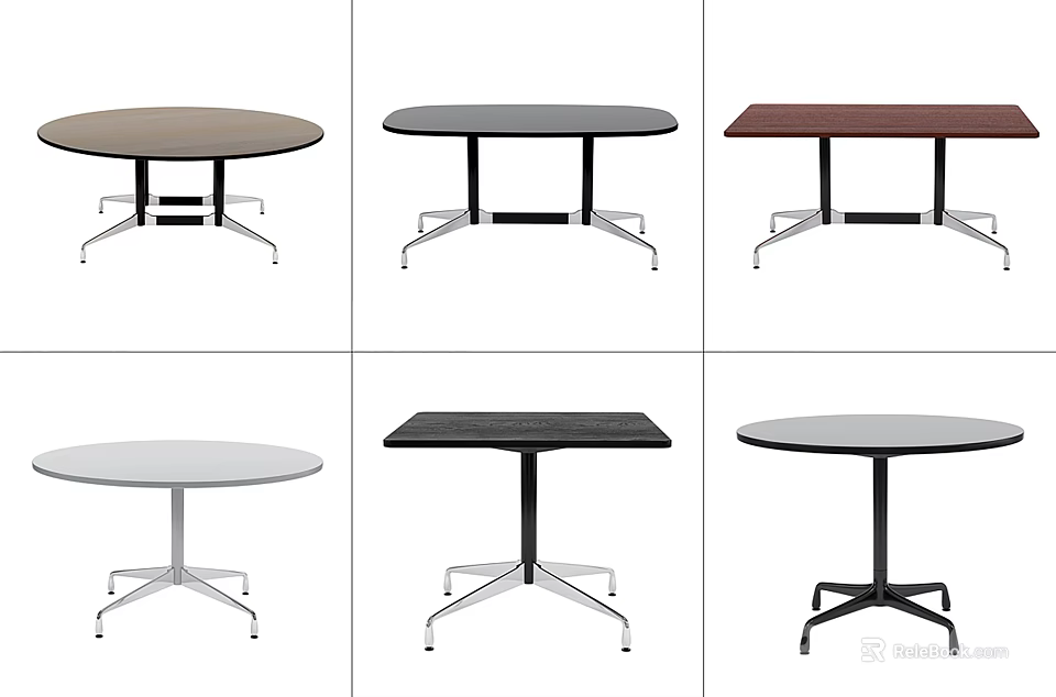 Various Dining Tables Featuring Round And Rectangular Tops With Metal Bases In Different Colors 3d model