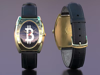 Luxury Watch With Bitcoin Symbol Black Leather Strap Gold Case And Dark Dial 3d model
