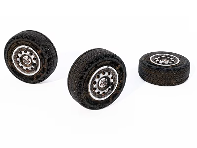 Three Black Model Tires With Silver Rims And Textured Tread Surface 3d model