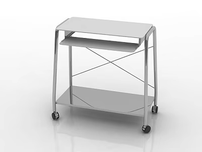 Modern White Desk With Metal Frame Lower Shelf And Rolling Wheels 3d model