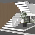 Modern White Stairs With Wooden Wall And Green Plant In Black Pot