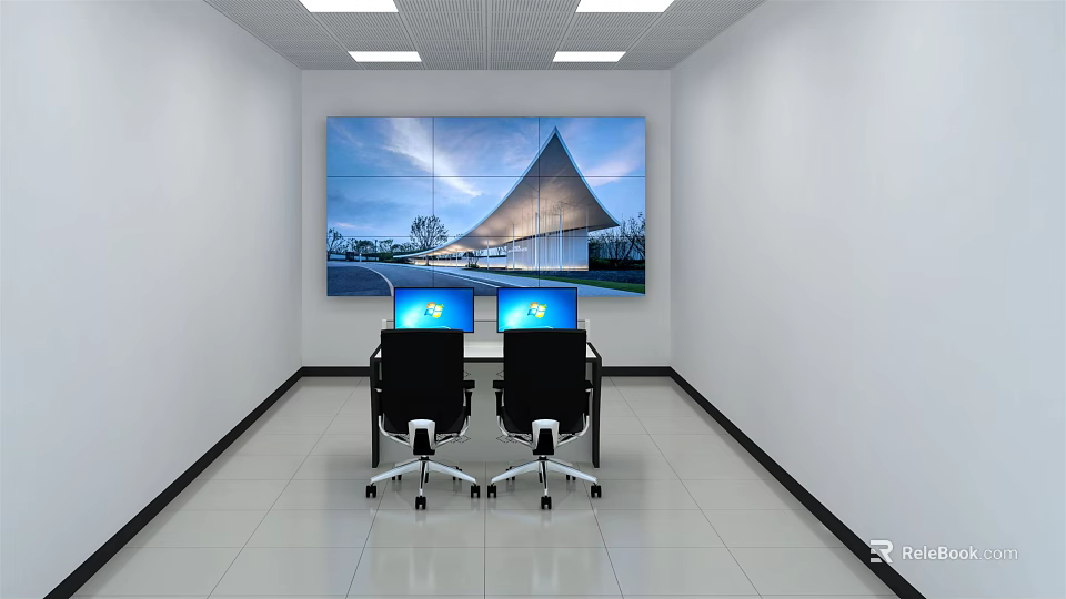 Modern Control Room With Large Monitoring Screen Wall Dual Computer Desks And Ergonomic Chairs 3d model 