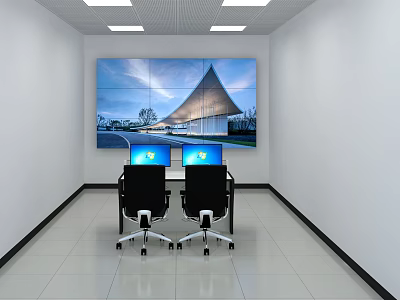 Modern Control Room With Large Monitoring Screen Wall Dual Computer Desks And Ergonomic Chairs 3d model