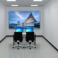 Modern Control Room With Large Monitoring Screen Wall Dual Computer Desks And Ergonomic Chairs