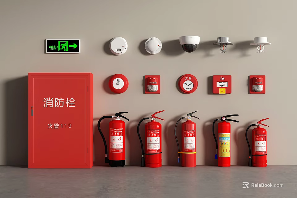 Essential Fire Safety Equipment With Hydrant Cabinet Fire Extinguishers Exit Sign Smoke Detectors Alarm Buttons 3d model 